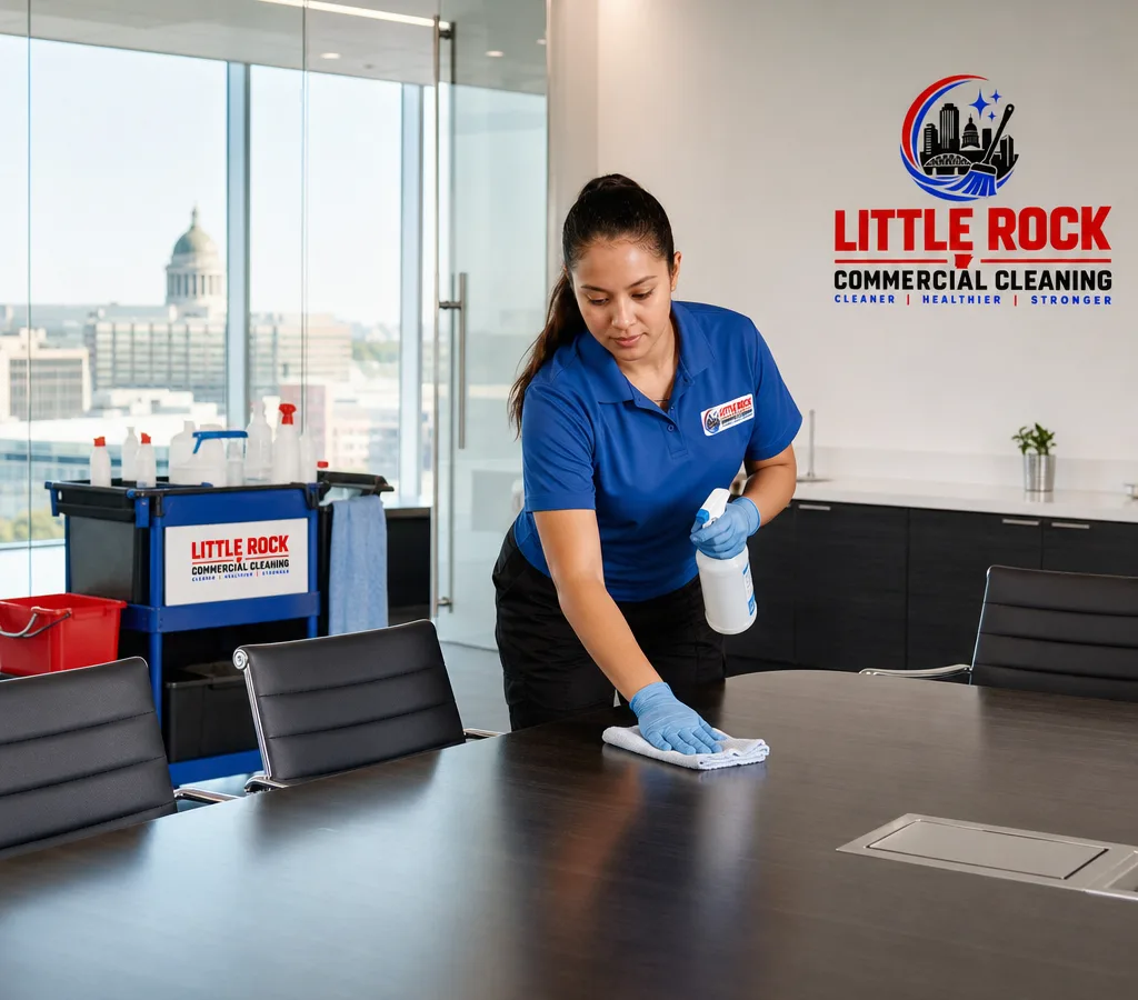 Professional cleaner disinfecting high-touch points in a modern Little Rock office suite