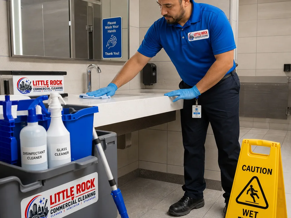 Cleaner disinfecting fixtures, wiping partitions, and mopping a commercial restroom