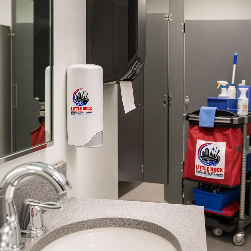 Clean commercial restroom fixtures, wiped partitions, stocked dispensers, and a cleaning cart