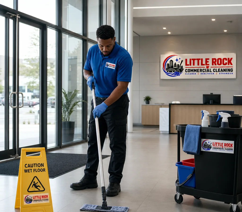 Commercial janitorial team member cleaning a modern office lobby entrance with microfiber tools and a caution sign
