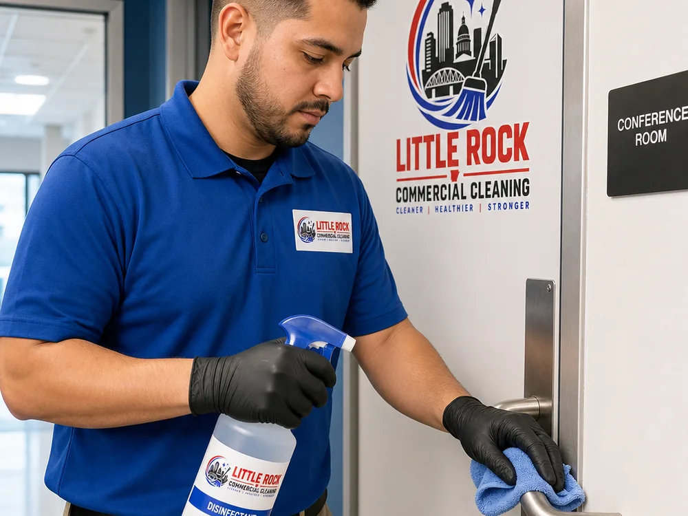 Cleaner disinfecting office door hardware, a push plate, and a light switch with color-coded microfiber cloths