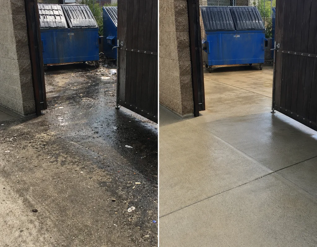 Before and after dumpster pad cleaning following degreasing and hot-water washing