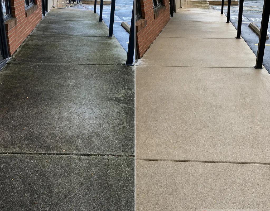 Before and after commercial sidewalk cleaning showing removal of organic film and tracked-in grime