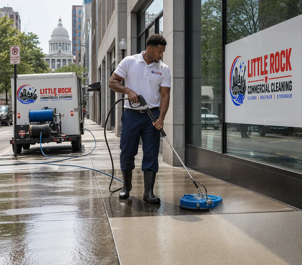 Technician pressure washing a downtown Little Rock sidewalk and storefront facade with controlled overspray