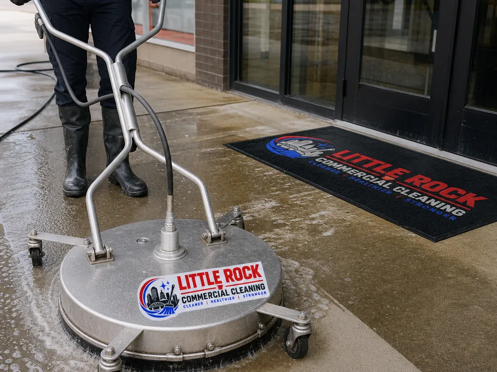 Commercial surface cleaner creating a uniform cleaned path on concrete near a storefront entrance