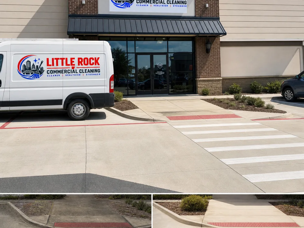 Cleaned retail frontage with a brighter curb line, entry apron, and crosswalk area