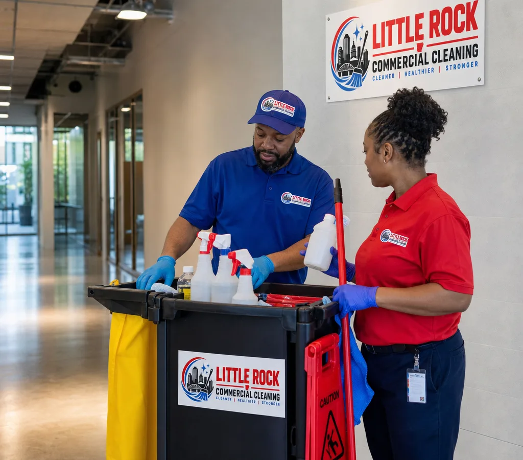 Early-morning janitorial team staging supplies in a modern Little Rock office corridor