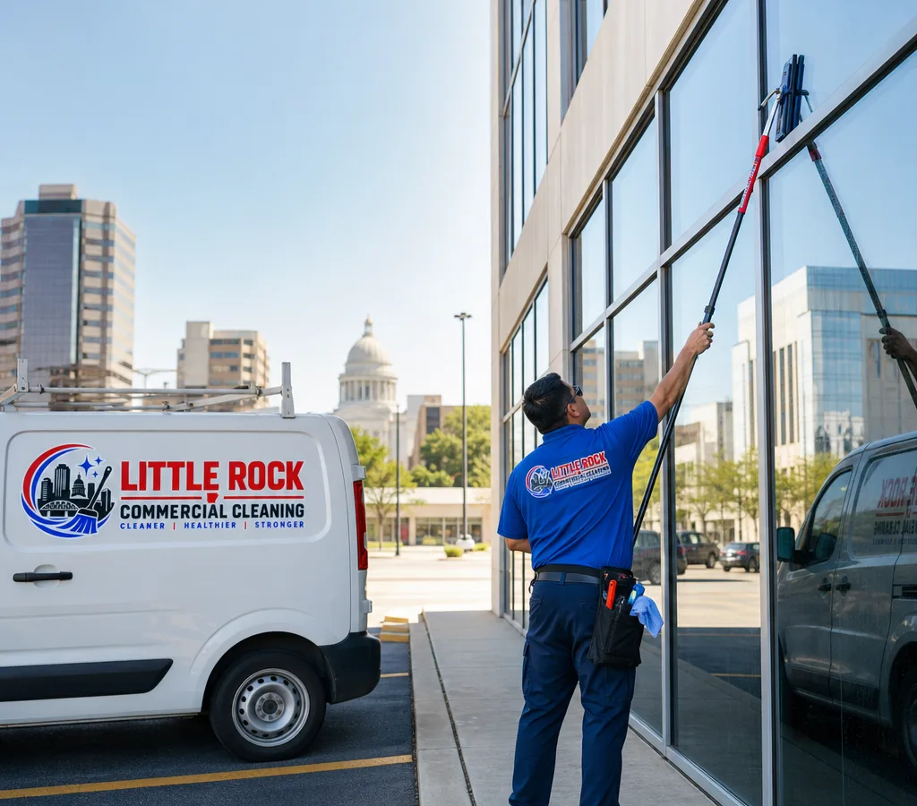 Technician cleaning large exterior windows on a Little Rock commercial building with clear, streak-free reflections