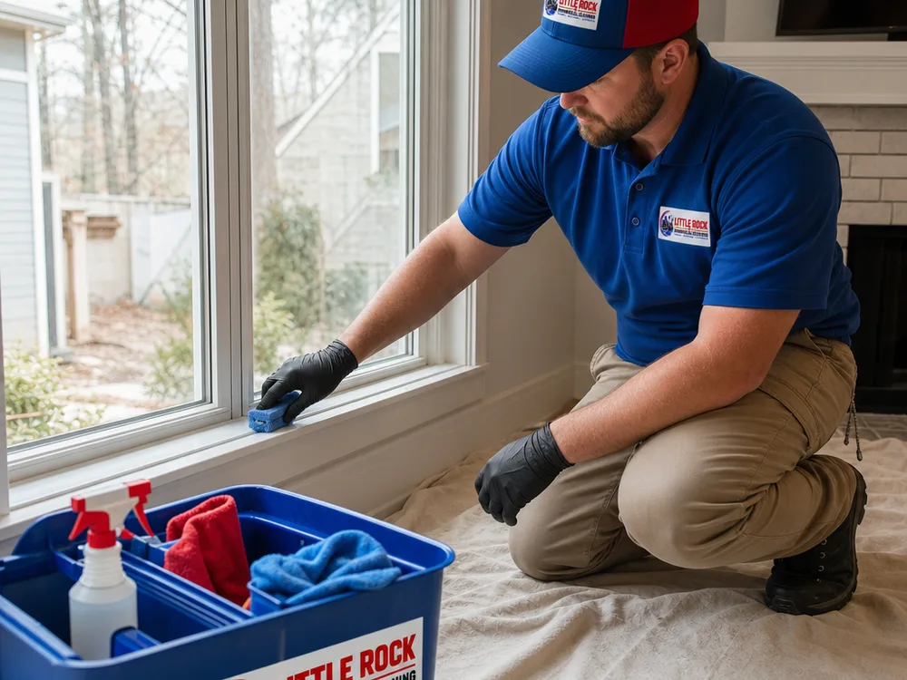 Technician detailing a residential window sill and edges over protective drop cloths