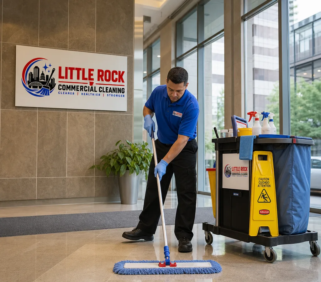 Professional cleaning technician maintaining a modern commercial lobby in Little Rock