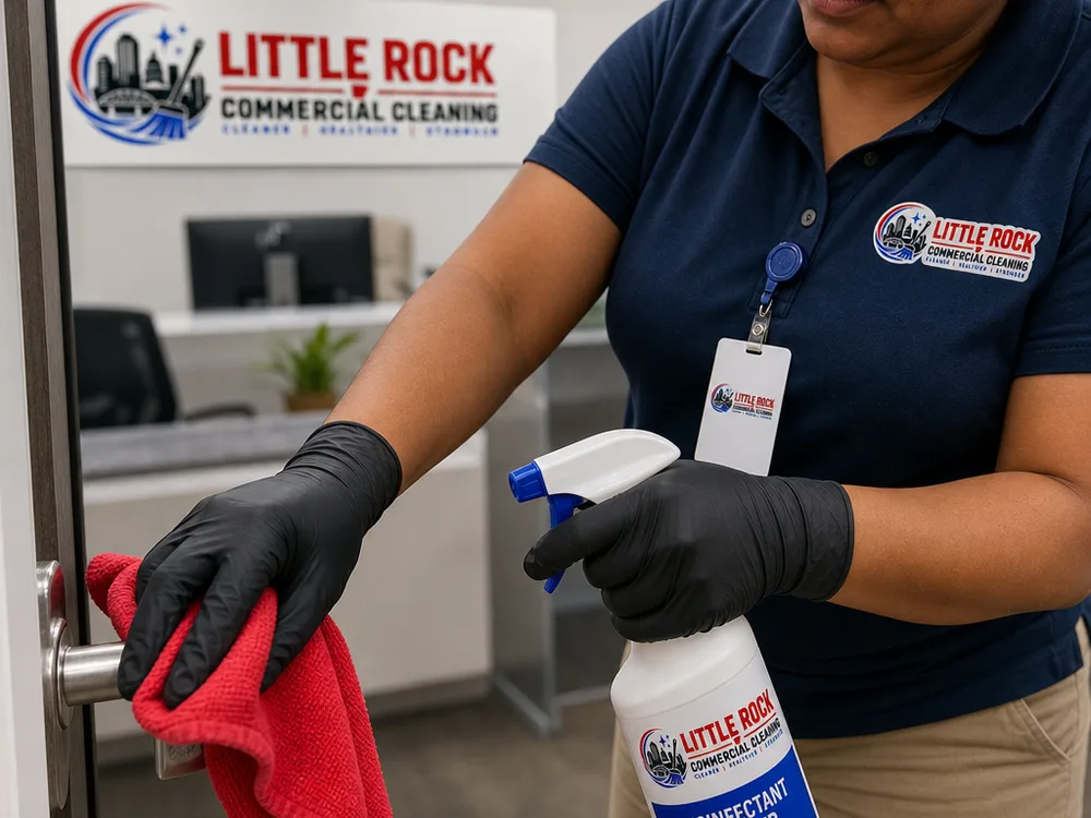 Gloved hands disinfecting high-touch surfaces in a commercial office