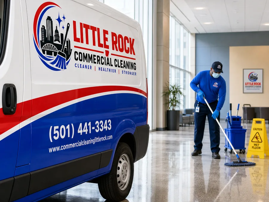 Technician safely cleaning a second-story exterior window with a properly positioned ladder and neatly staged tools