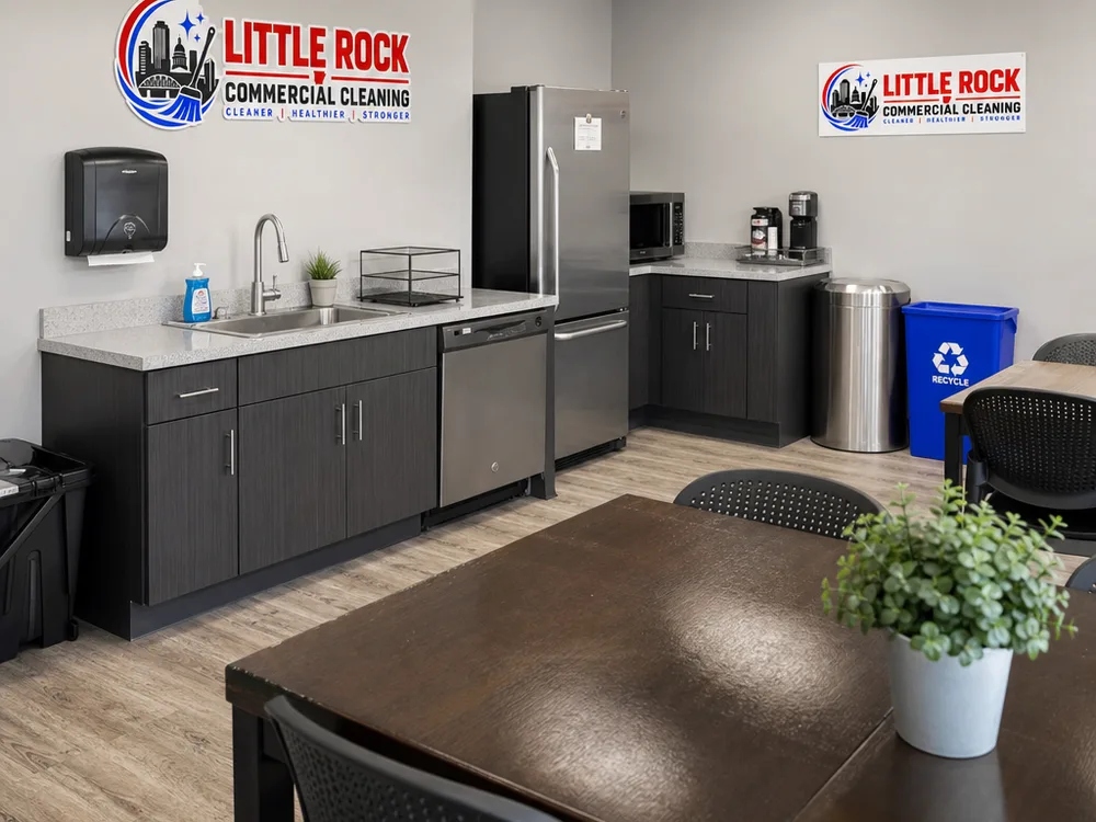 Commercial breakroom with sanitized tables, sink, counters, and an organized trash area
